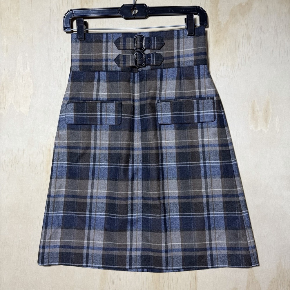 Zara Woman Plaid A-Line Skirt Gray Blue Belted High Waist Size S EU 36 Preppy